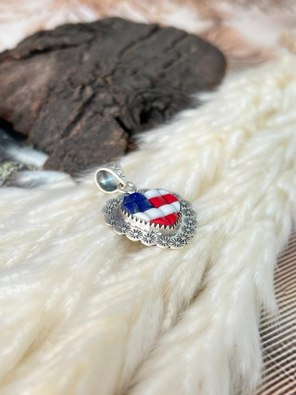 Handmade Sterling Silver 4th Of July Collection: Rosarita with Lapis and White Buffalo Heart Pendant "Signed Nizhoni"
