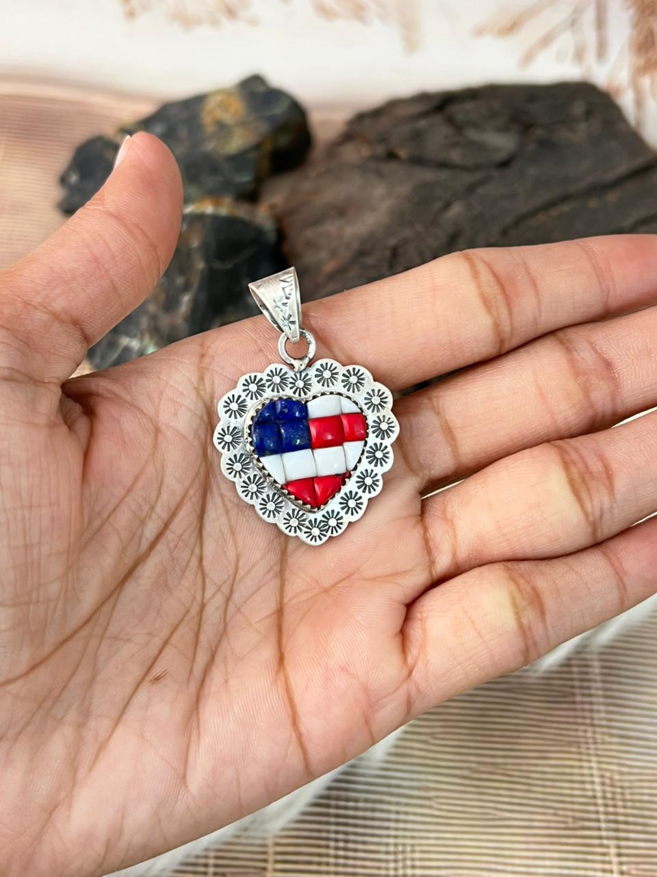 Handmade Sterling Silver 4th Of July Collection: Rosarita with Lapis and White Buffalo Heart Pendant "Signed Nizhoni"