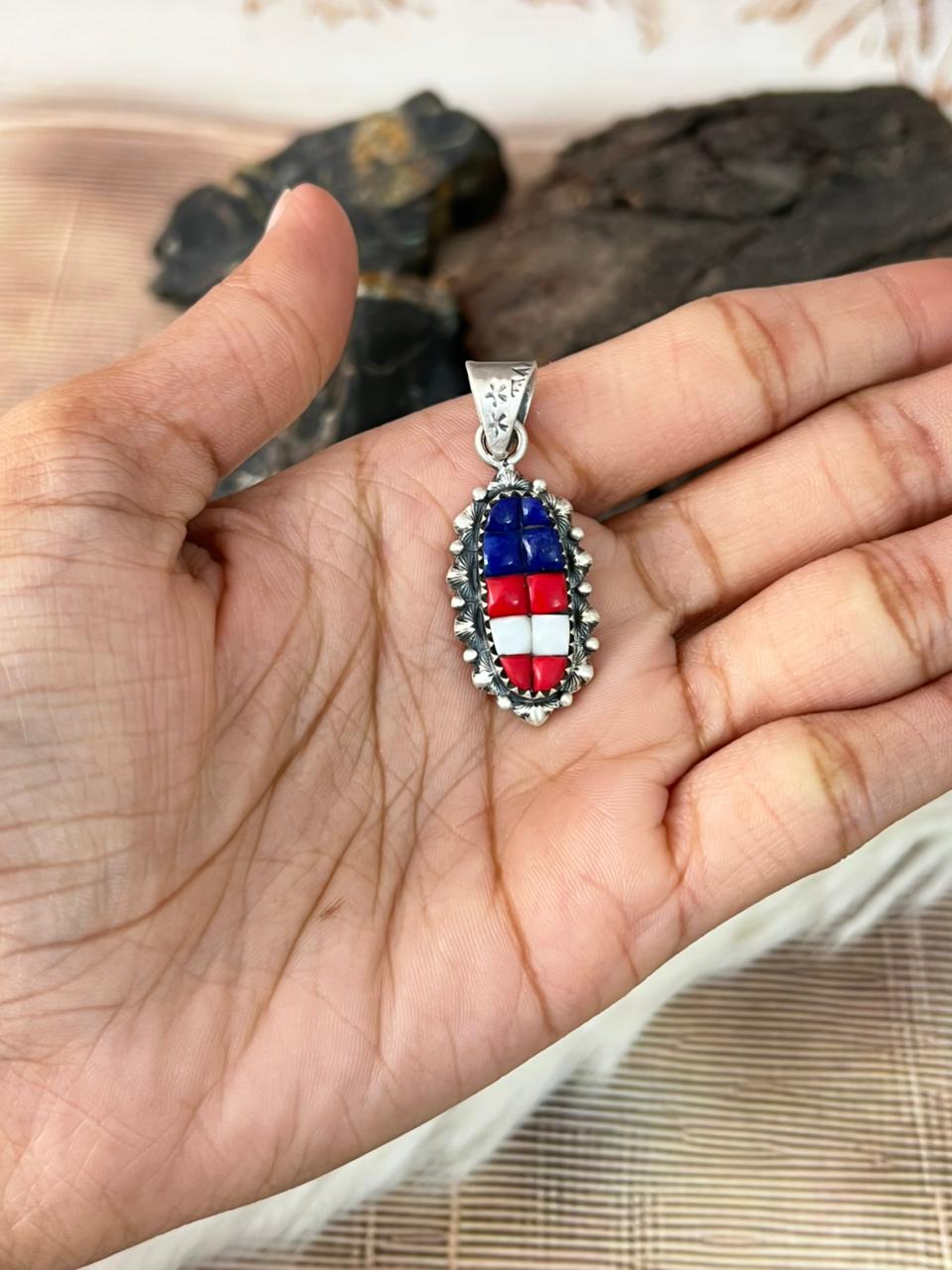 Handmade Sterling Silver 4th Of July Collection: Rosarita with Lapis and White Buffalo Pendant "Signed Nizhoni"