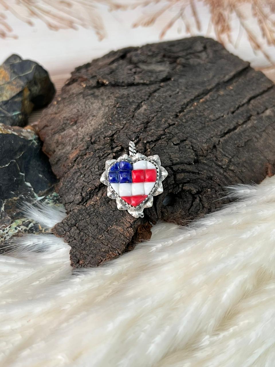 Handmade Sterling Silver 4th Of July Collection: Rosarita with Lapis and White Buffalo Heart Hat Pin "Signed Nizhoni"