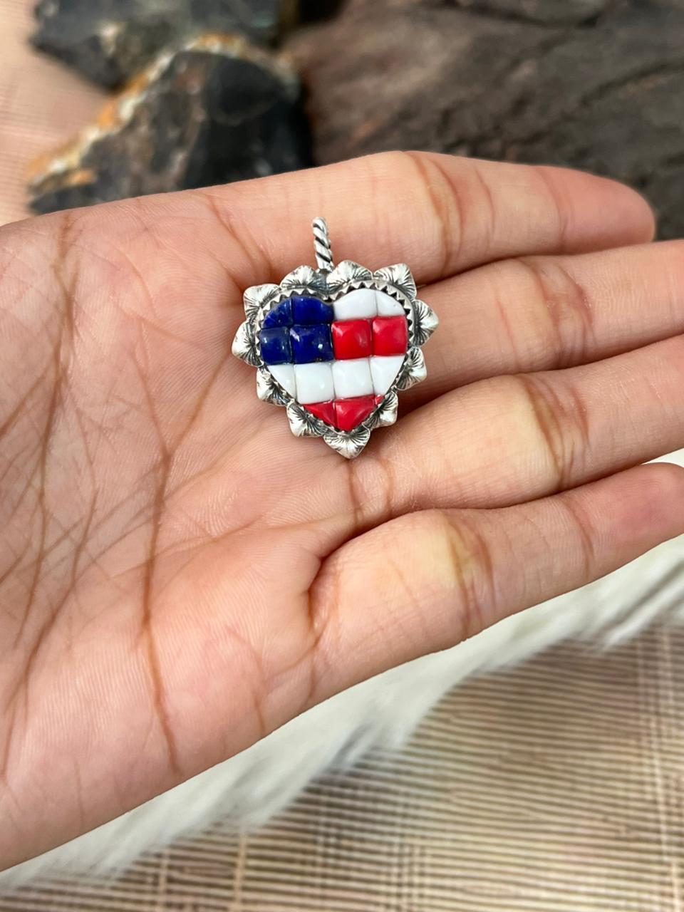 Handmade Sterling Silver 4th Of July Collection: Rosarita with Lapis and White Buffalo Heart Hat Pin "Signed Nizhoni"