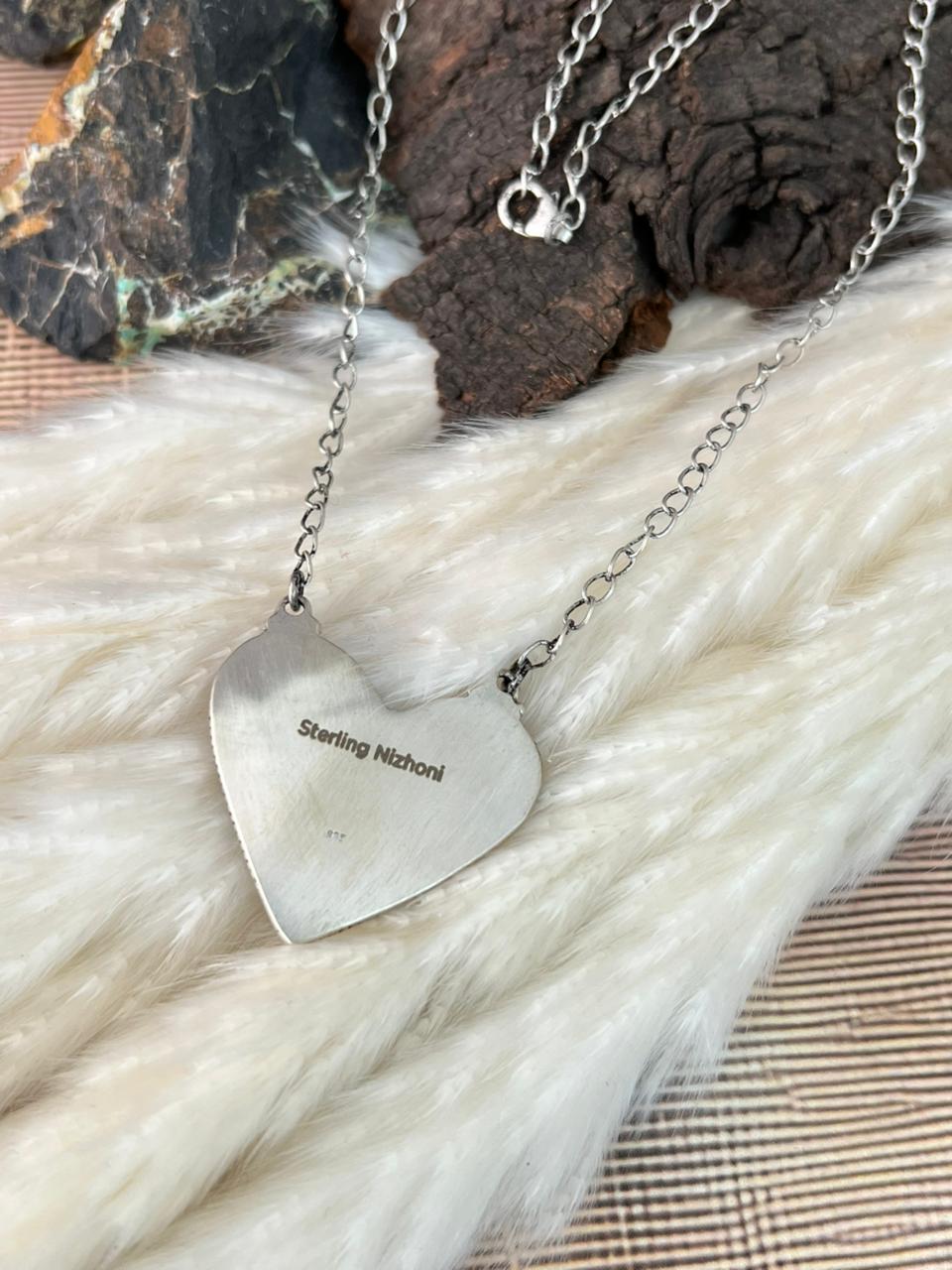 Handmade Sterling Silver 4th Of July Collection: Coral with Lapis and White Buffalo Heart Necklace "Signed Nizhoni"