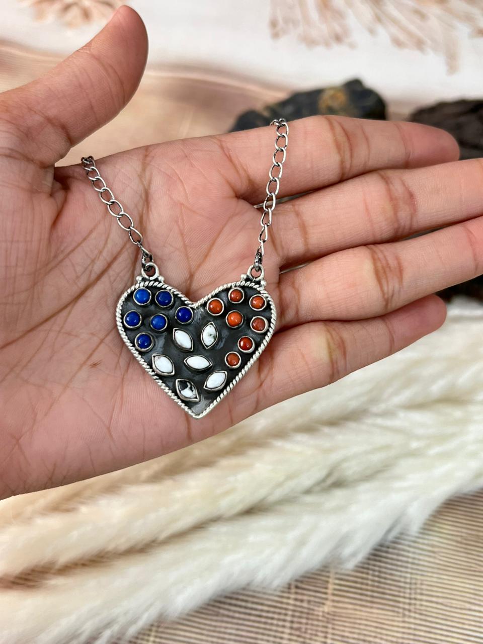 Handmade Sterling Silver 4th Of July Collection: Coral with Lapis and White Buffalo Heart Necklace "Signed Nizhoni"