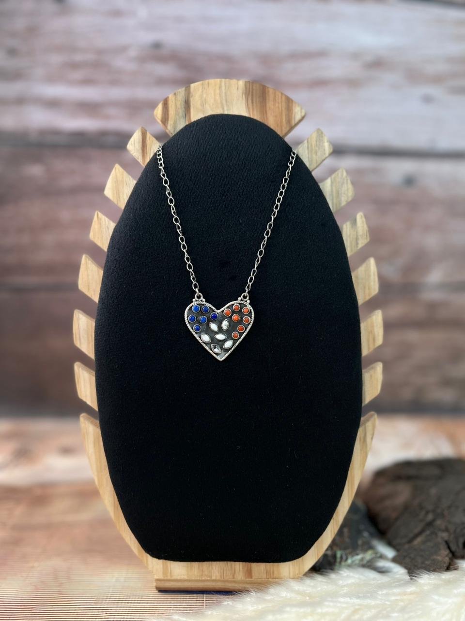 Handmade Sterling Silver 4th Of July Collection: Coral with Lapis and White Buffalo Heart Necklace "Signed Nizhoni"