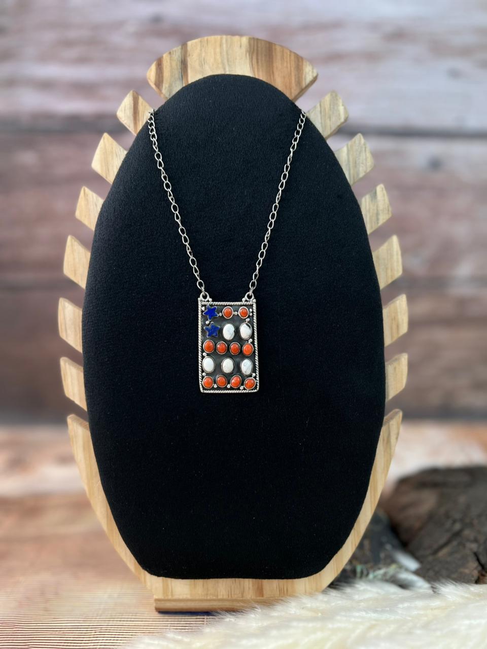 Handmade Sterling Silver 4th Of July Collection: Coral with Lapis and White Buffalo Necklace "Signed Nizhoni"