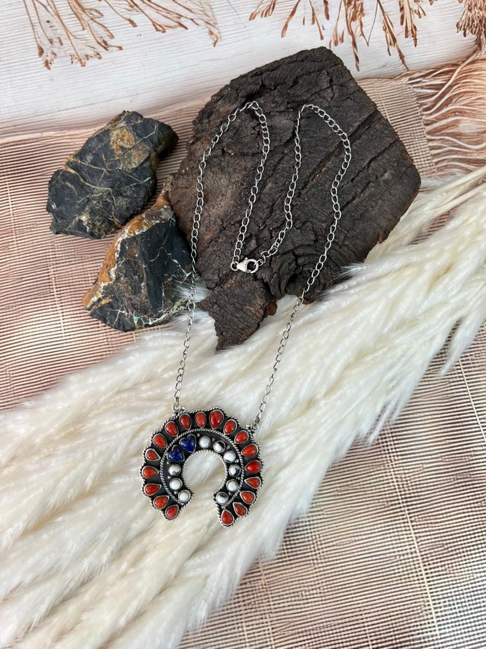 Handmade Sterling Silver 4th Of July Collection: Coral with Lapis and White Buffalo Naja Necklace "Signed Nizhoni"