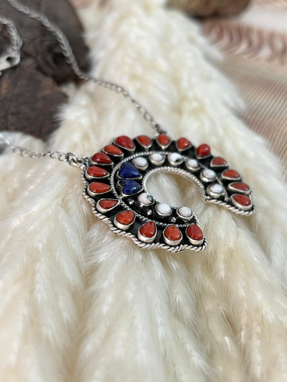 Handmade Sterling Silver 4th Of July Collection: Coral with Lapis and White Buffalo Naja Necklace "Signed Nizhoni"