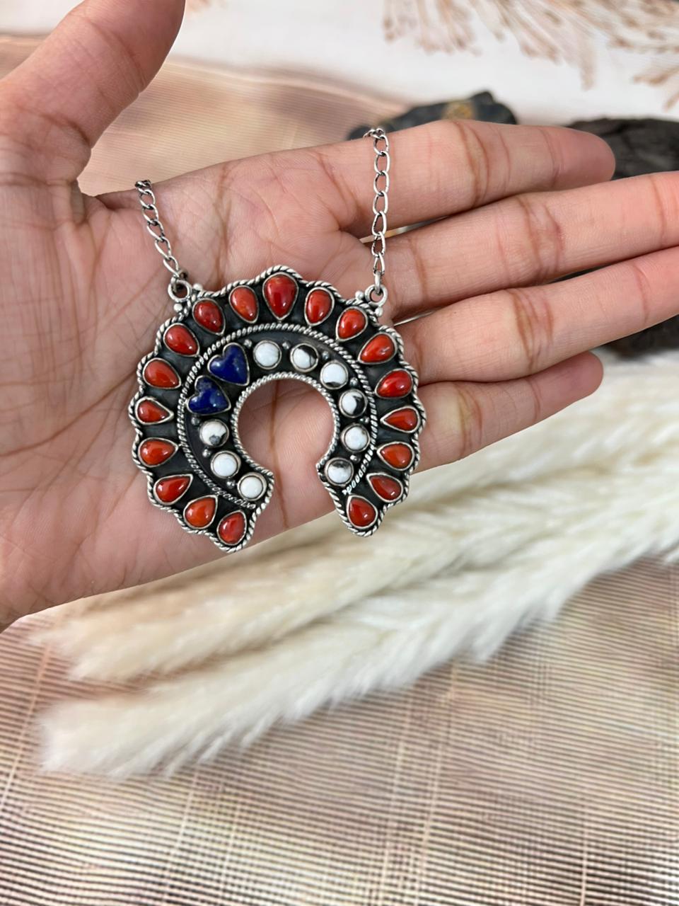 Handmade Sterling Silver 4th Of July Collection: Coral with Lapis and White Buffalo Naja Necklace "Signed Nizhoni"