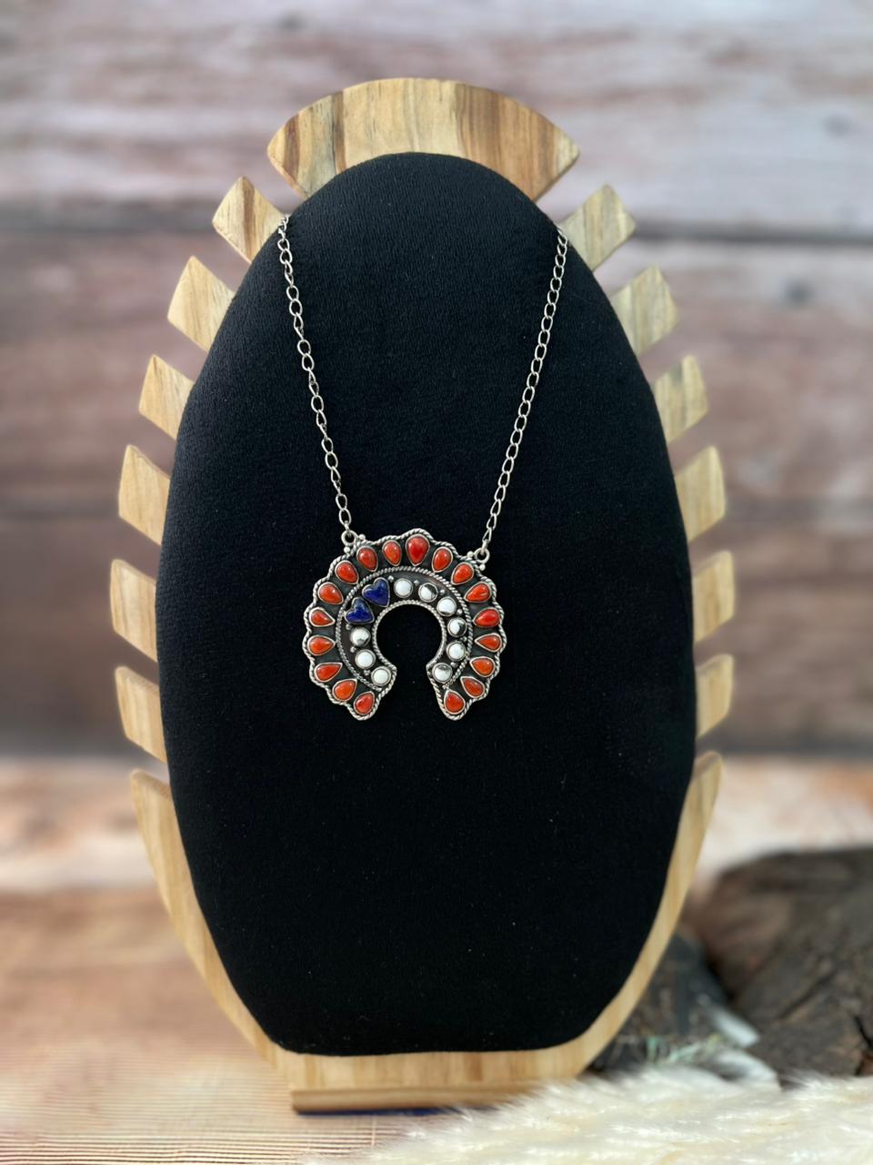 Handmade Sterling Silver 4th Of July Collection: Coral with Lapis and White Buffalo Naja Necklace "Signed Nizhoni"
