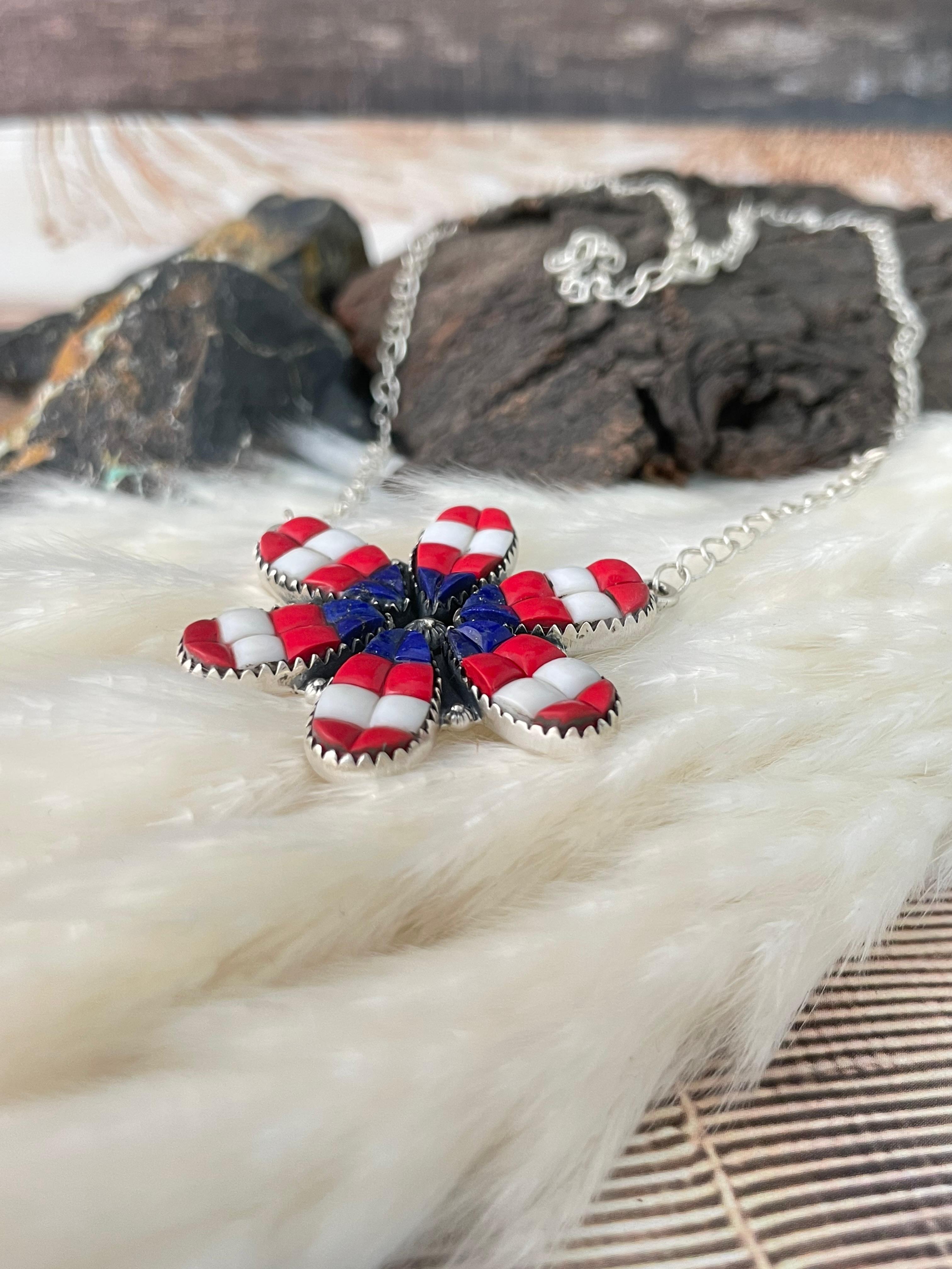 Handmade Sterling Silver 4th Of July Collection: Rosarita with Lapis and White Buffalo Necklace "Signed Nizhoni"
