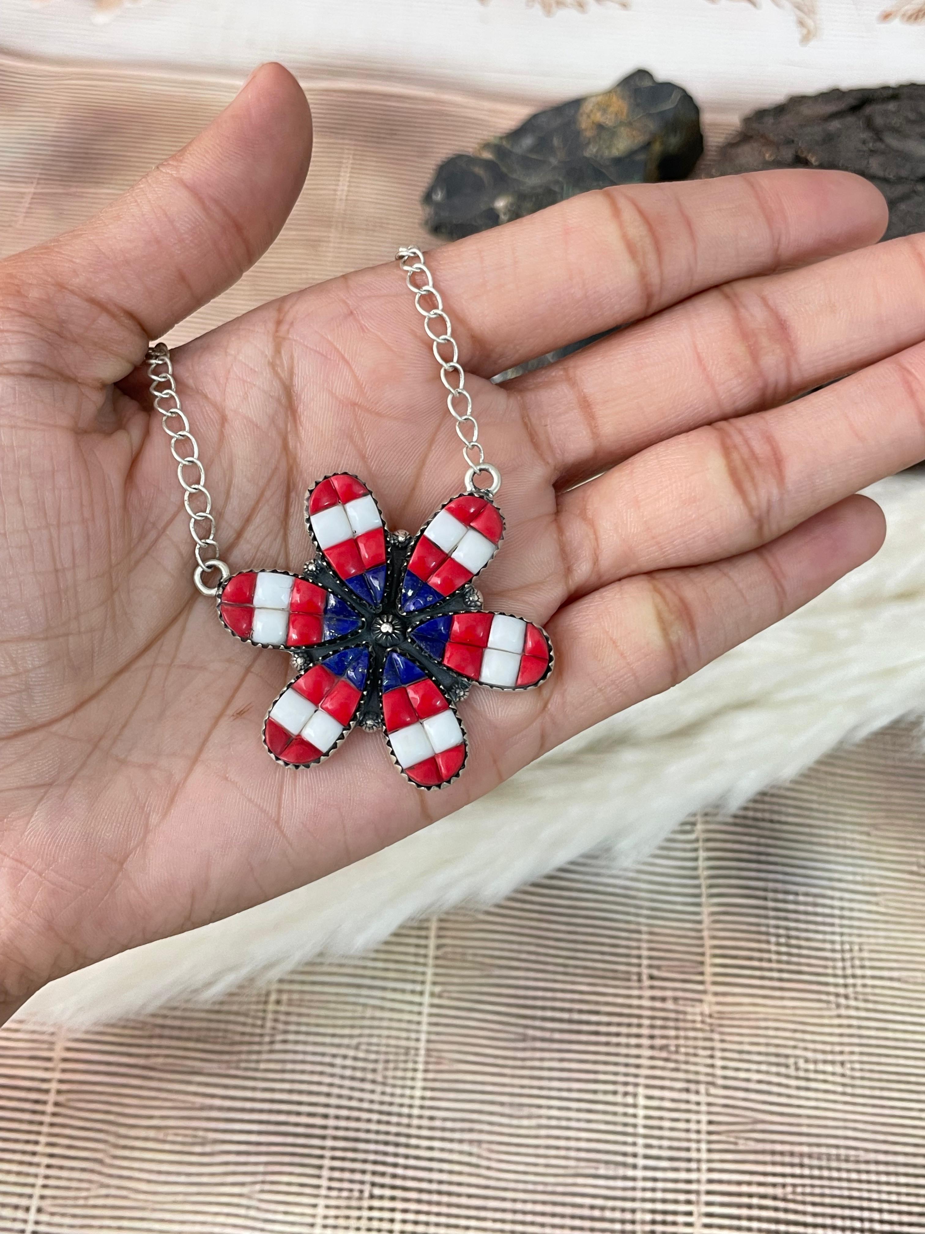 Handmade Sterling Silver 4th Of July Collection: Rosarita with Lapis and White Buffalo Necklace "Signed Nizhoni"