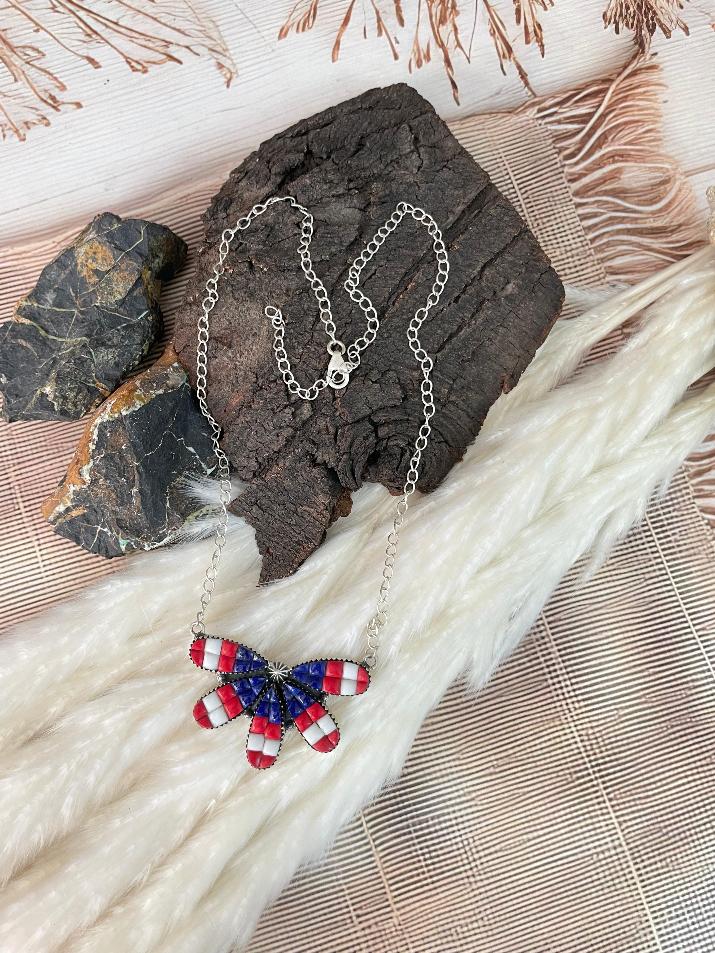 Handmade Sterling Silver 4th Of July Collection: Rosarita with Lapis and White Buffalo Necklace "Signed Nizhoni"