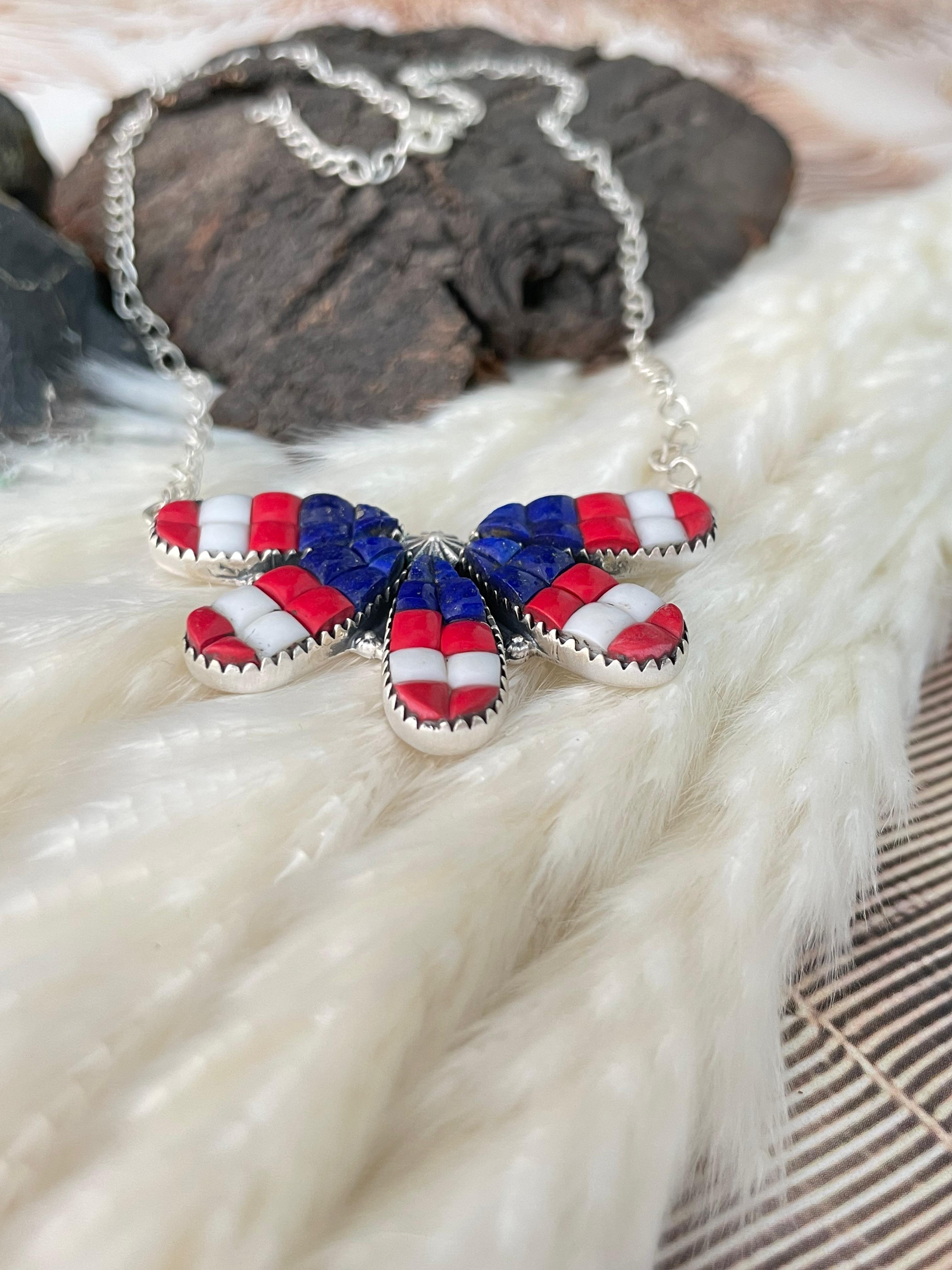 Handmade Sterling Silver 4th Of July Collection: Rosarita with Lapis and White Buffalo Necklace "Signed Nizhoni"