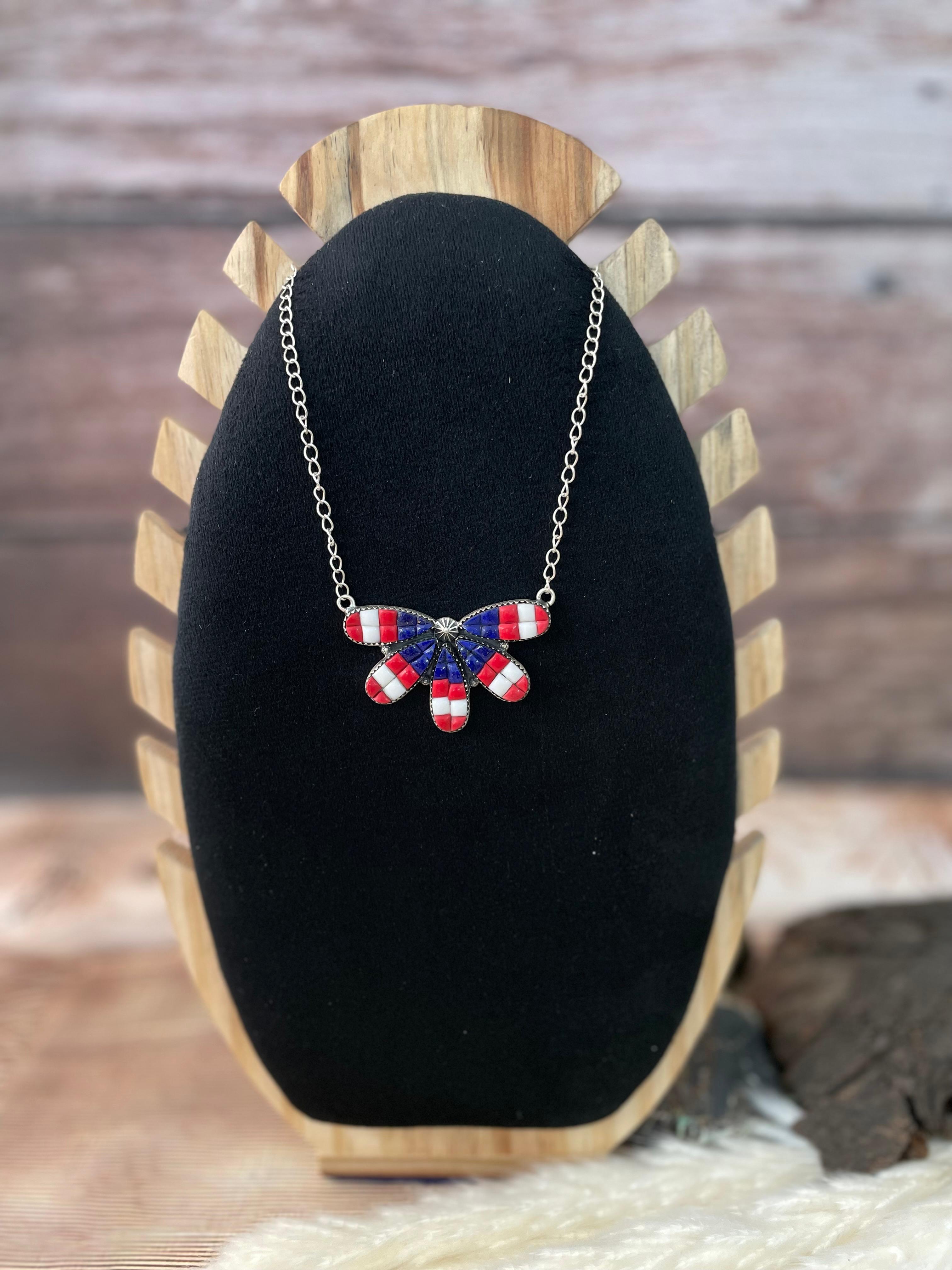 Handmade Sterling Silver 4th Of July Collection: Rosarita with Lapis and White Buffalo Necklace "Signed Nizhoni"