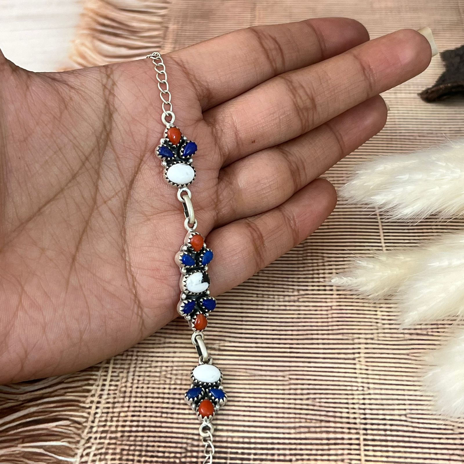 Handmade Sterling Silver 4th Of July Collection: Coral with Lapis and White Buffalo Bracelet "Signed Nizhoni"