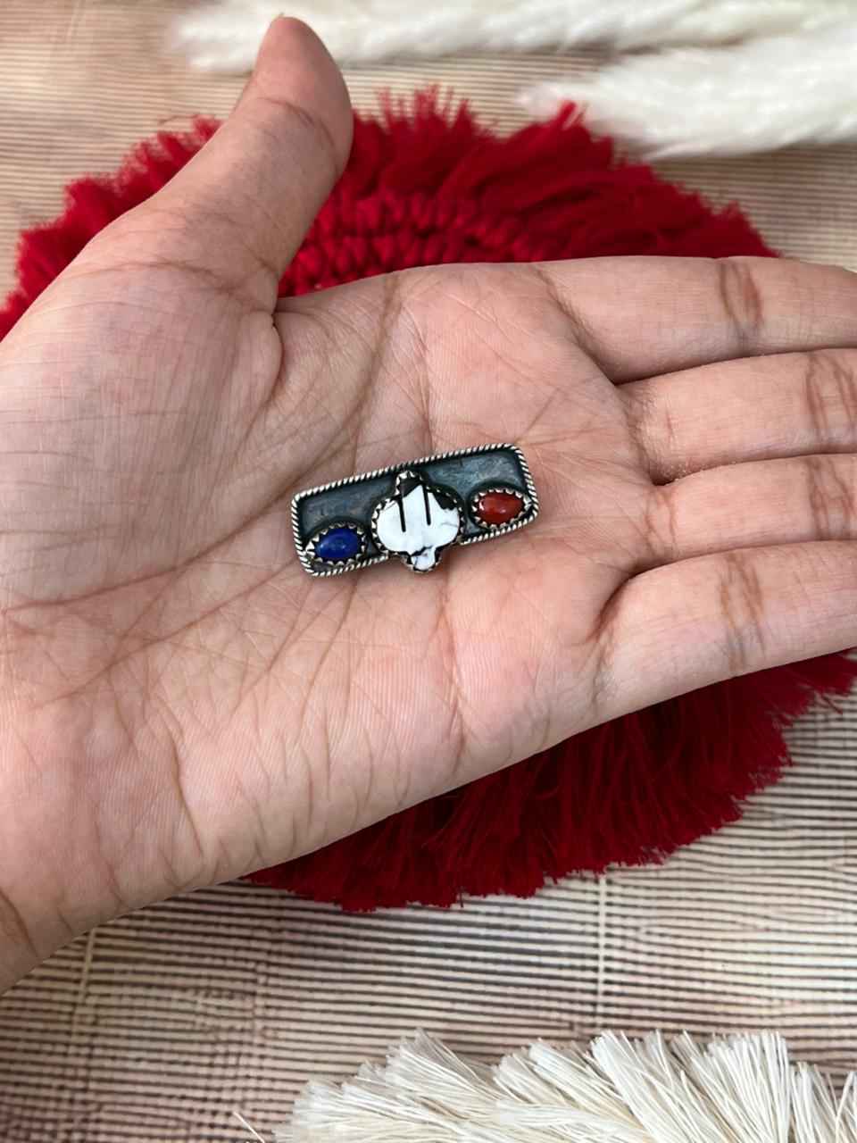 Handmade Sterling Silver 4th Of July Collection: Coral with Lapis and White Buffalo Watch Charm  "Signed Nizhoni"