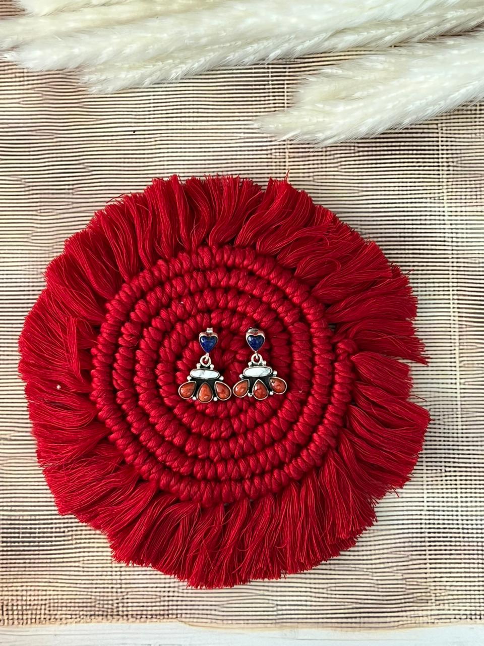 Handmade Sterling Silver 4th Of July Collection: Coral with Lapis and White Buffalo Post Dangle Earrings "Signed Nizhoni"