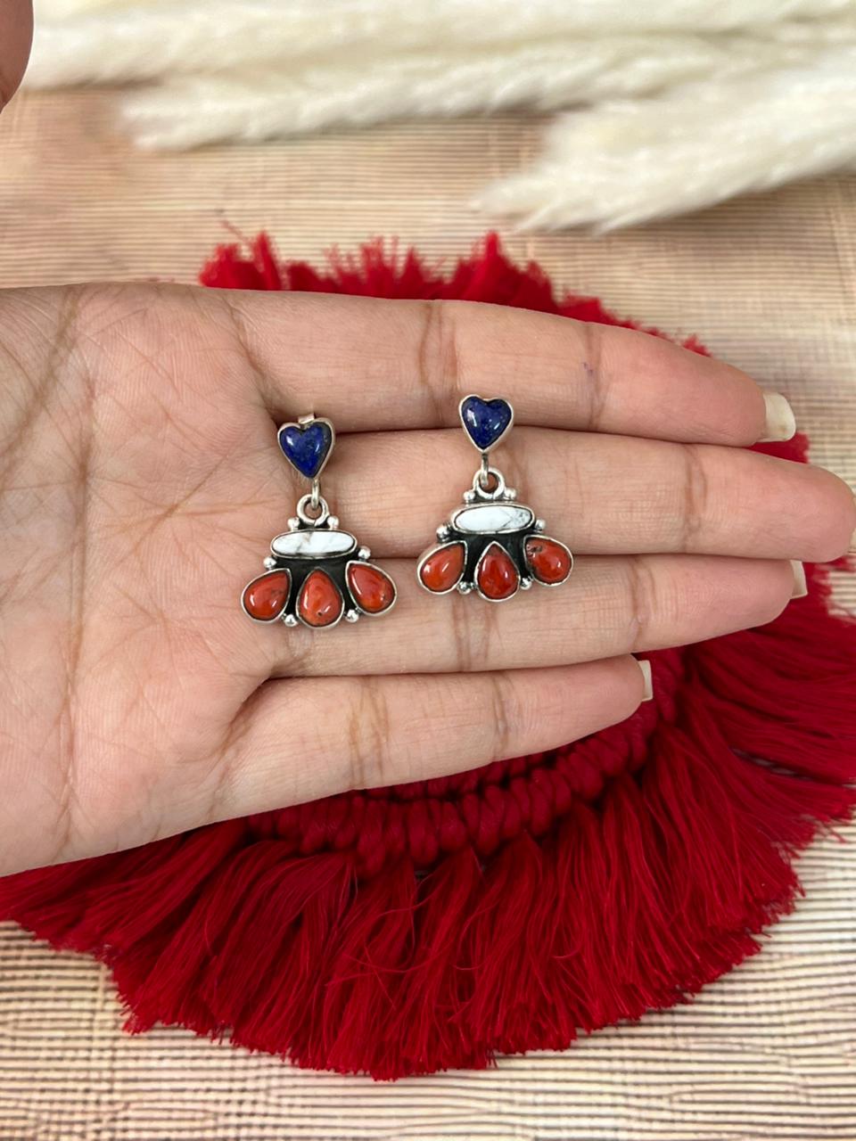 Handmade Sterling Silver 4th Of July Collection: Coral with Lapis and White Buffalo Post Dangle Earrings "Signed Nizhoni"