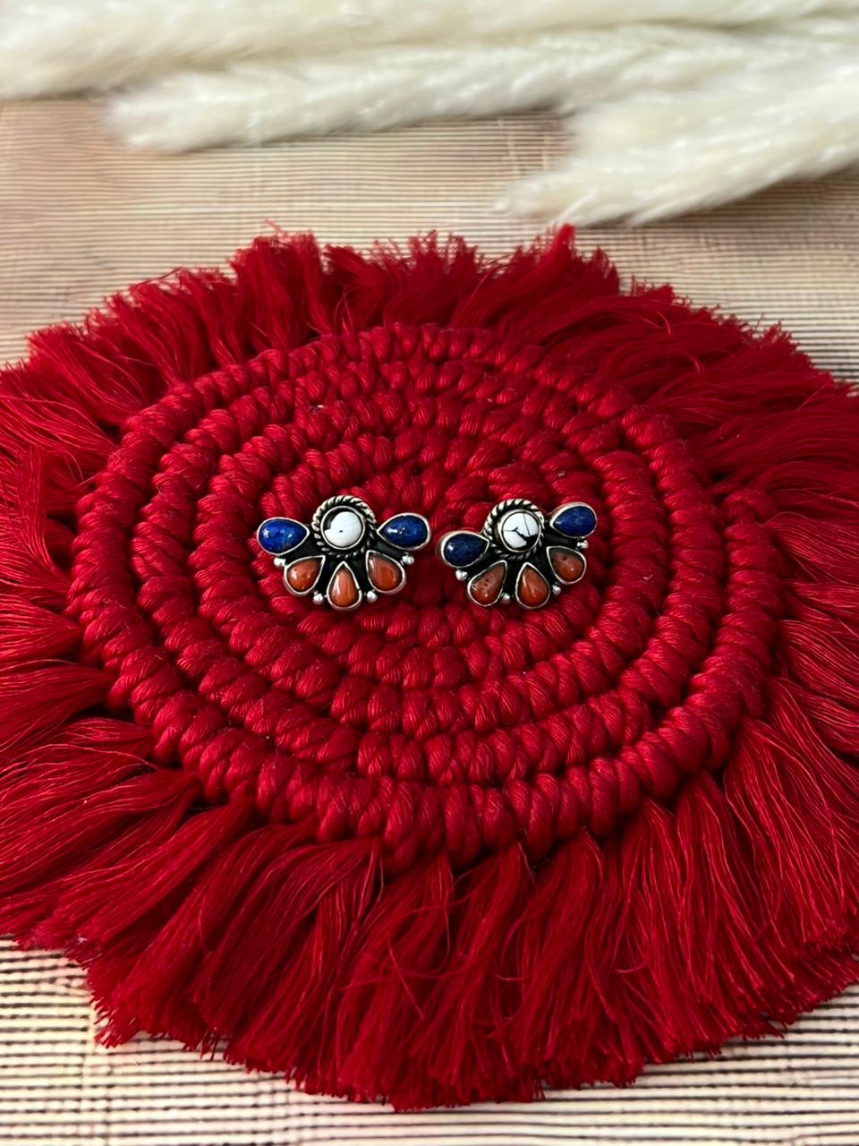 Handmade Sterling Silver 4th Of July Collection: Coral with Lapis and White Buffalo Post Studs Earrings "Signed Nizhoni"