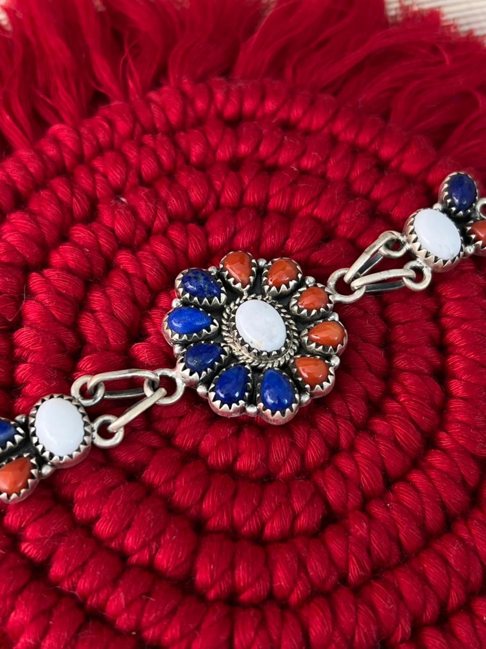 Handmade Sterling Silver 4th Of July Collection: Coral with Lapis and White Buffalo Bracelet "Signed Nizhoni"