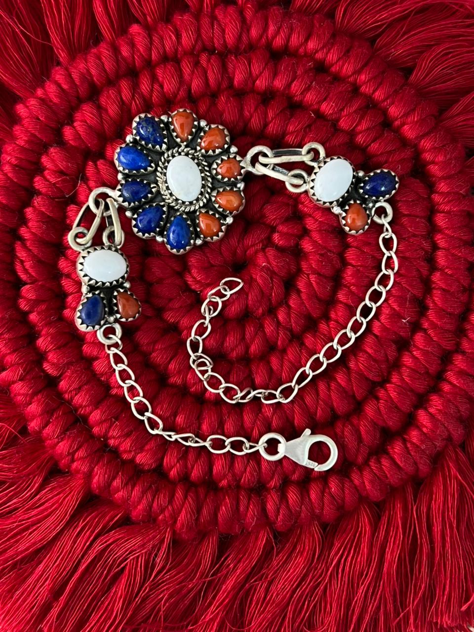 Handmade Sterling Silver 4th Of July Collection: Coral with Lapis and White Buffalo Bracelet "Signed Nizhoni"