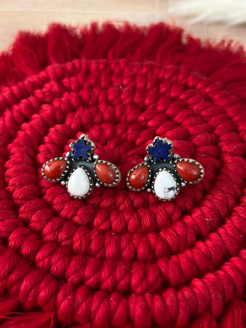 Handmade Sterling Silver 4th Of July Collection: Coral with Lapis and White Buffalo Post Studs Earrings "Signed Nizhoni"