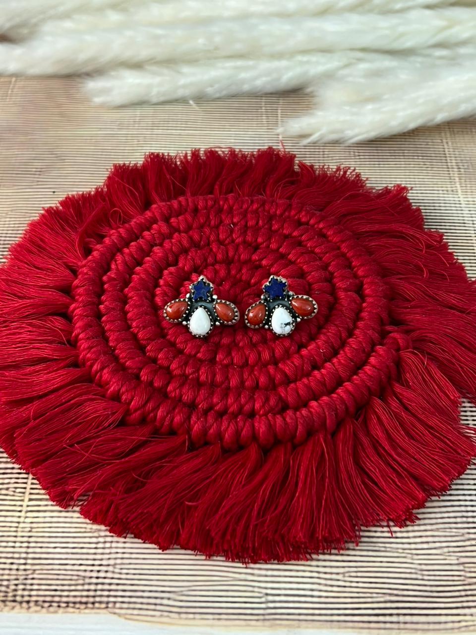 Handmade Sterling Silver 4th Of July Collection: Coral with Lapis and White Buffalo Post Studs Earrings "Signed Nizhoni"