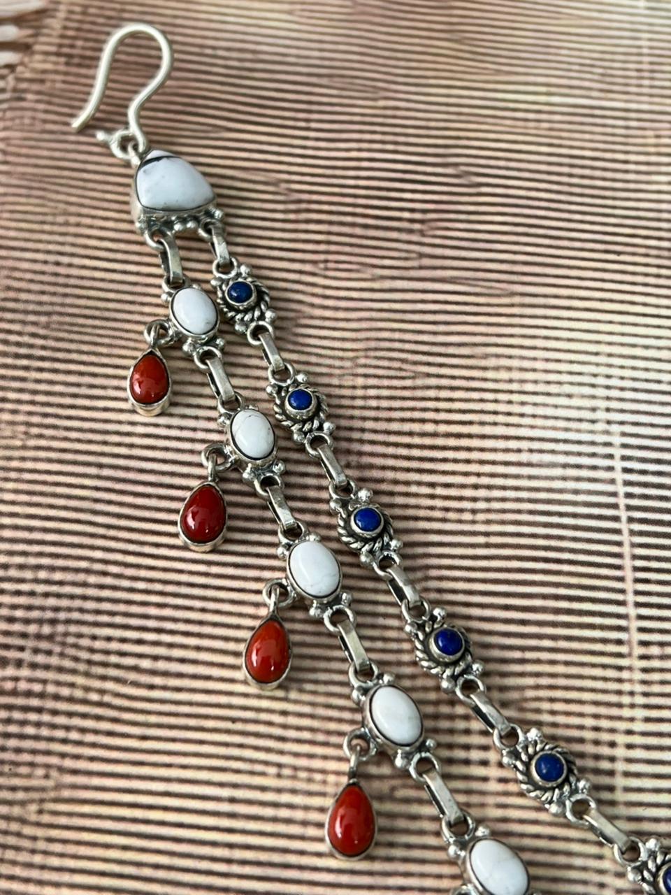 Handmade Sterling Silver 4th Of July Collection: Coral with Lapis and White Buffalo Purse Chain "Signed Nizhoni"