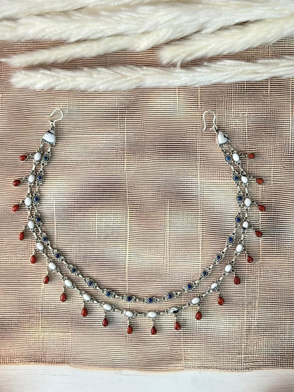 Handmade Sterling Silver 4th Of July Collection: Coral with Lapis and White Buffalo Purse Chain "Signed Nizhoni"