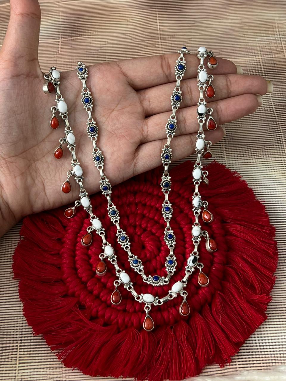 Handmade Sterling Silver 4th Of July Collection: Coral with Lapis and White Buffalo Purse Chain "Signed Nizhoni"