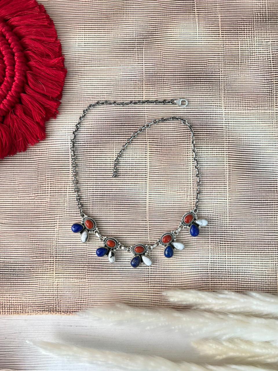 Handmade Sterling Silver 4th Of July Collection: Coral with Lapis and White Buffalo Choker Necklace "Signed Nizhoni"