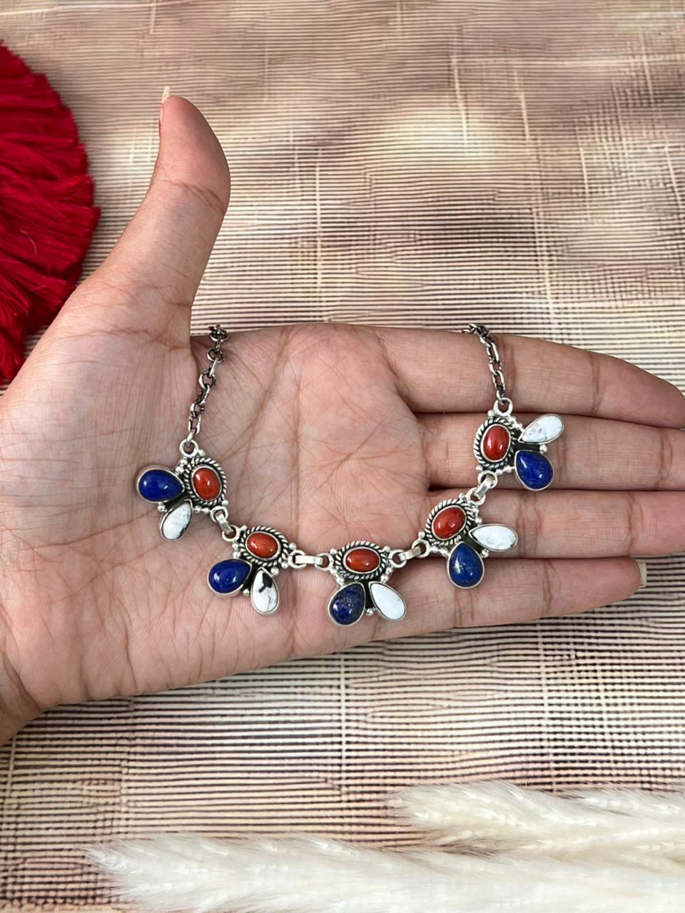 Handmade Sterling Silver 4th Of July Collection: Coral with Lapis and White Buffalo Choker Necklace "Signed Nizhoni"