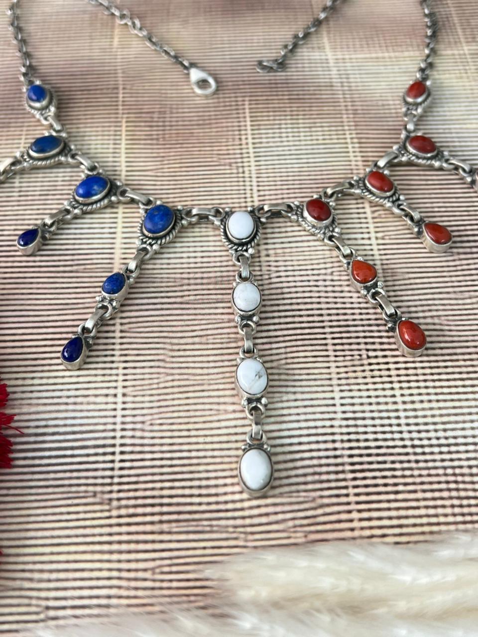 Handmade Sterling Silver 4th Of July Collection: Coral with Lapis and White Buffalo Choker Necklace "Signed Nizhoni"