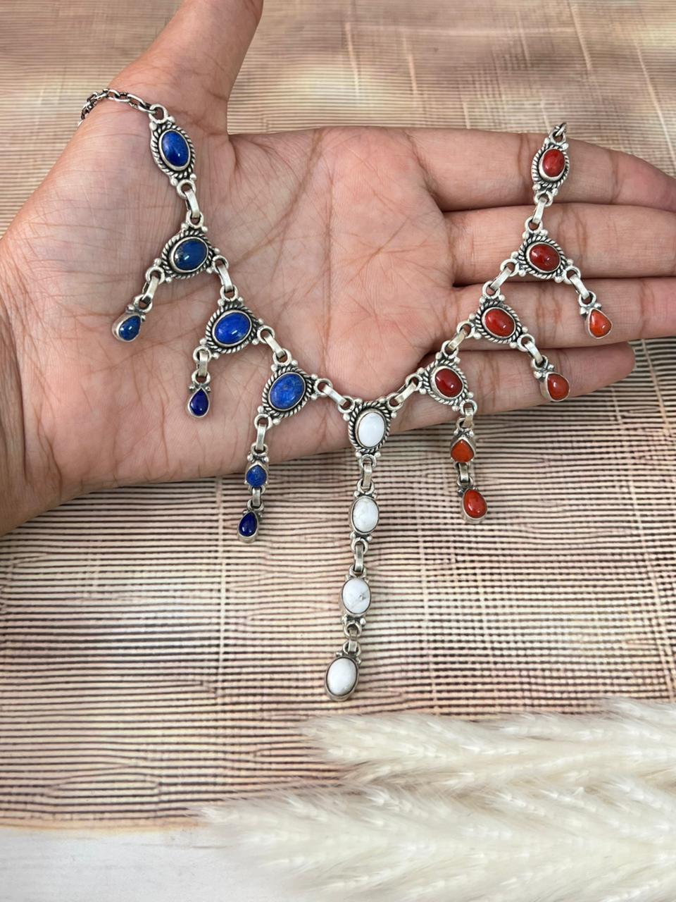 Handmade Sterling Silver 4th Of July Collection: Coral with Lapis and White Buffalo Choker Necklace "Signed Nizhoni"