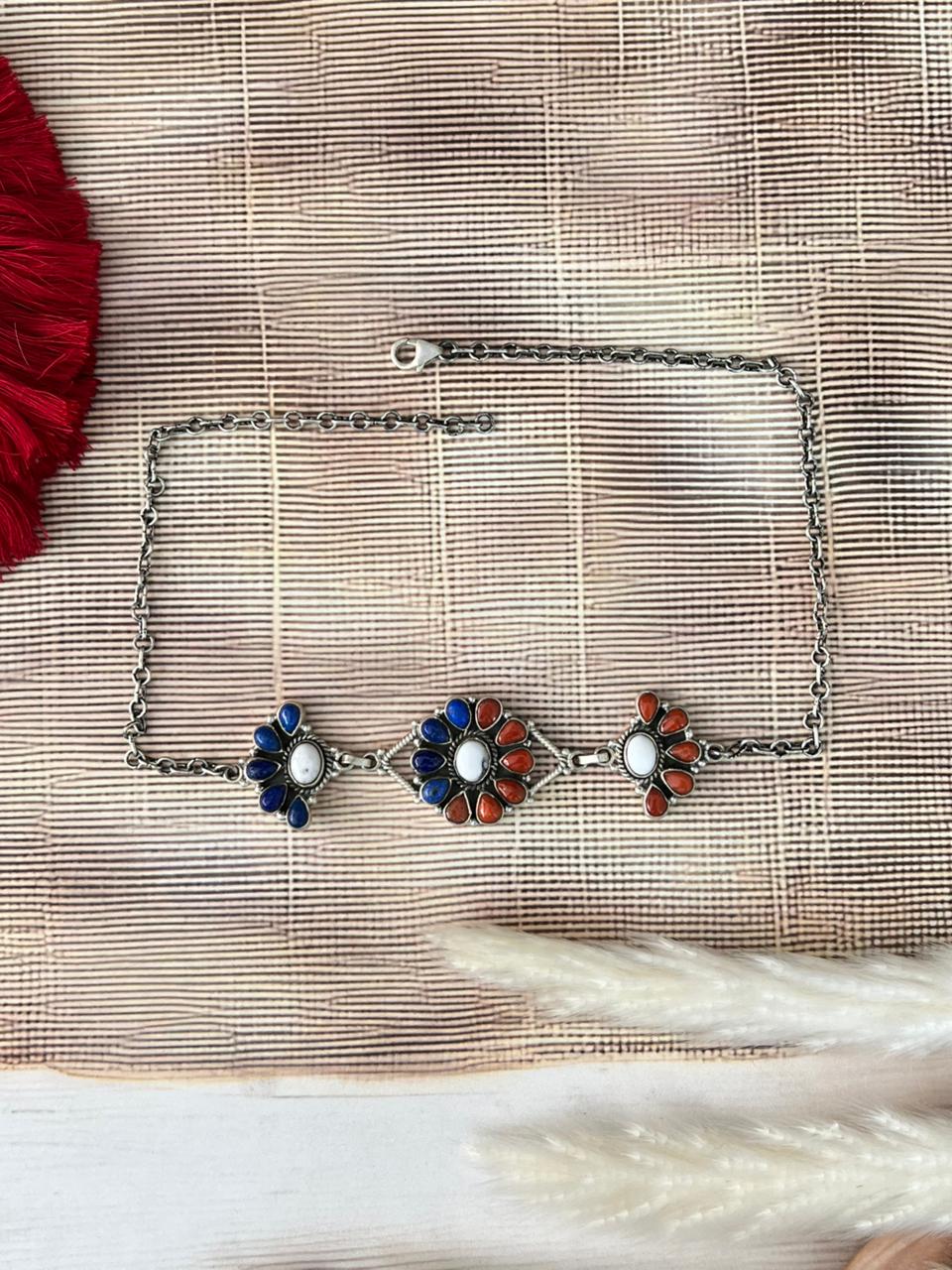 Handmade Sterling Silver 4th Of July Collection: Coral with Lapis and White Buffalo Choker Necklace "Signed Nizhoni"