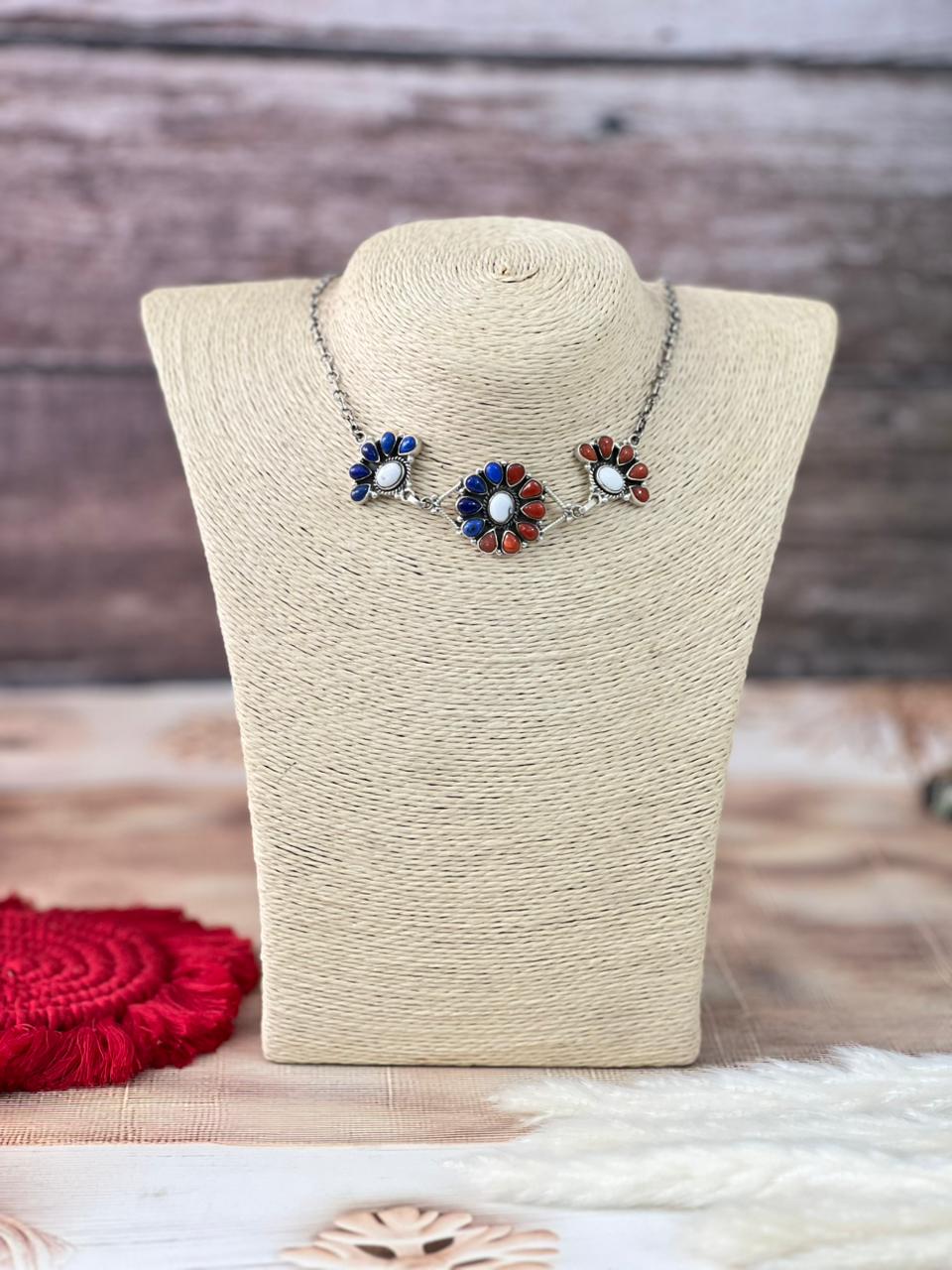 Handmade Sterling Silver 4th Of July Collection: Coral with Lapis and White Buffalo Choker Necklace "Signed Nizhoni"