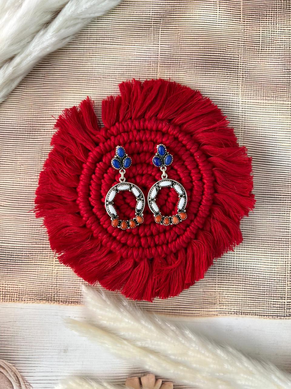 Handmade Sterling Silver 4th Of July Collection: Coral with Lapis and White Buffalo Post Dangle Earrings "Signed Nizhoni"