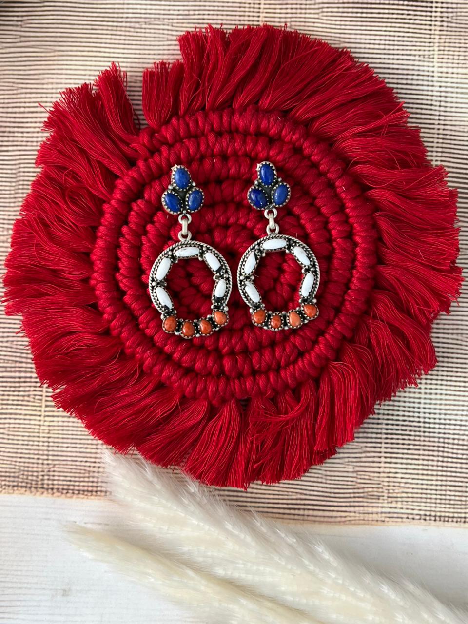 Handmade Sterling Silver 4th Of July Collection: Coral with Lapis and White Buffalo Post Dangle Earrings "Signed Nizhoni"