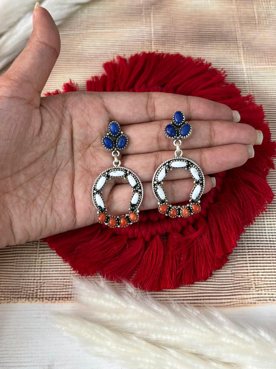Handmade Sterling Silver 4th Of July Collection: Coral with Lapis and White Buffalo Post Dangle Earrings "Signed Nizhoni"