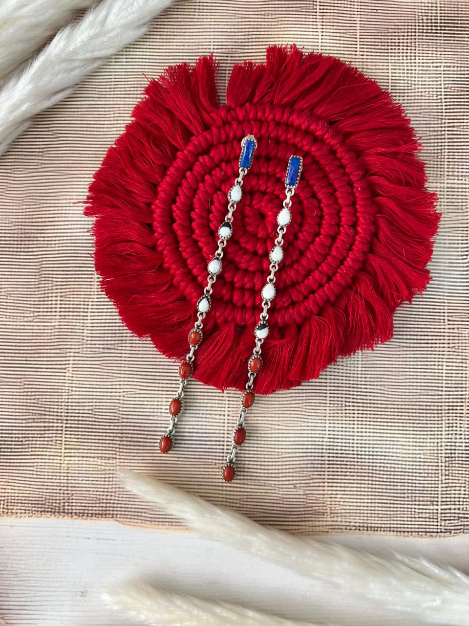 Handmade Sterling Silver 4th Of July Collection: Coral with Lapis and White Buffalo Post Dangle Earrings "Signed Nizhoni"