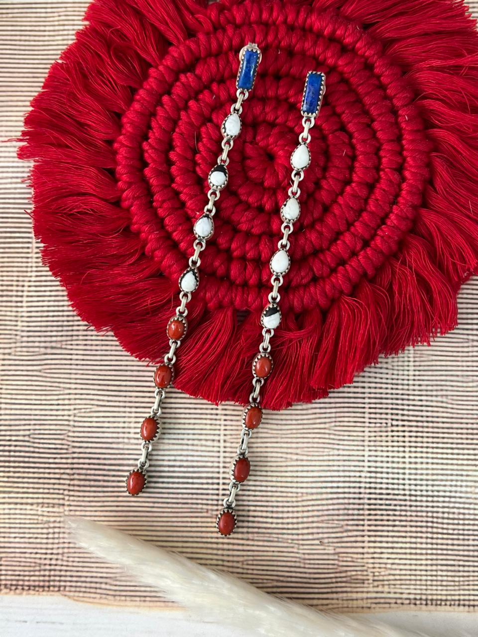 Handmade Sterling Silver 4th Of July Collection: Coral with Lapis and White Buffalo Post Dangle Earrings "Signed Nizhoni"