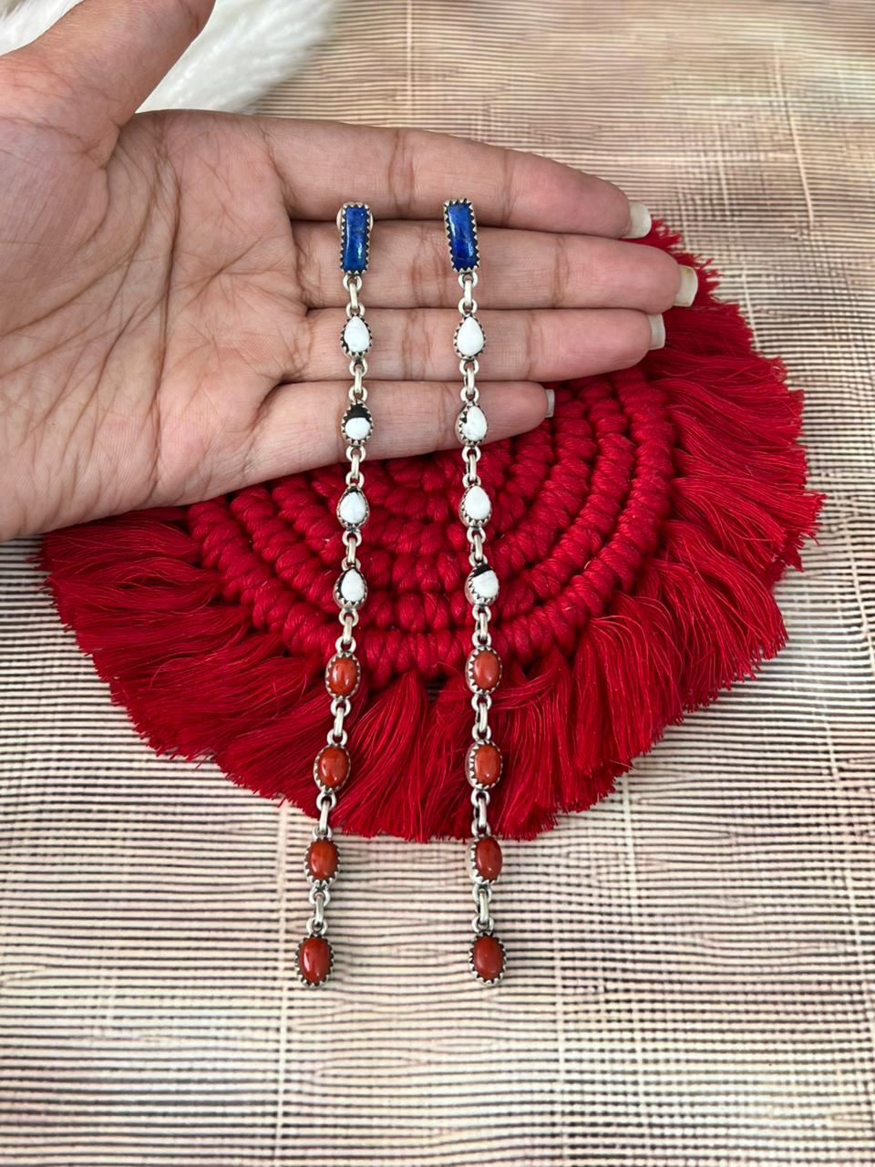 Handmade Sterling Silver 4th Of July Collection: Coral with Lapis and White Buffalo Post Dangle Earrings "Signed Nizhoni"