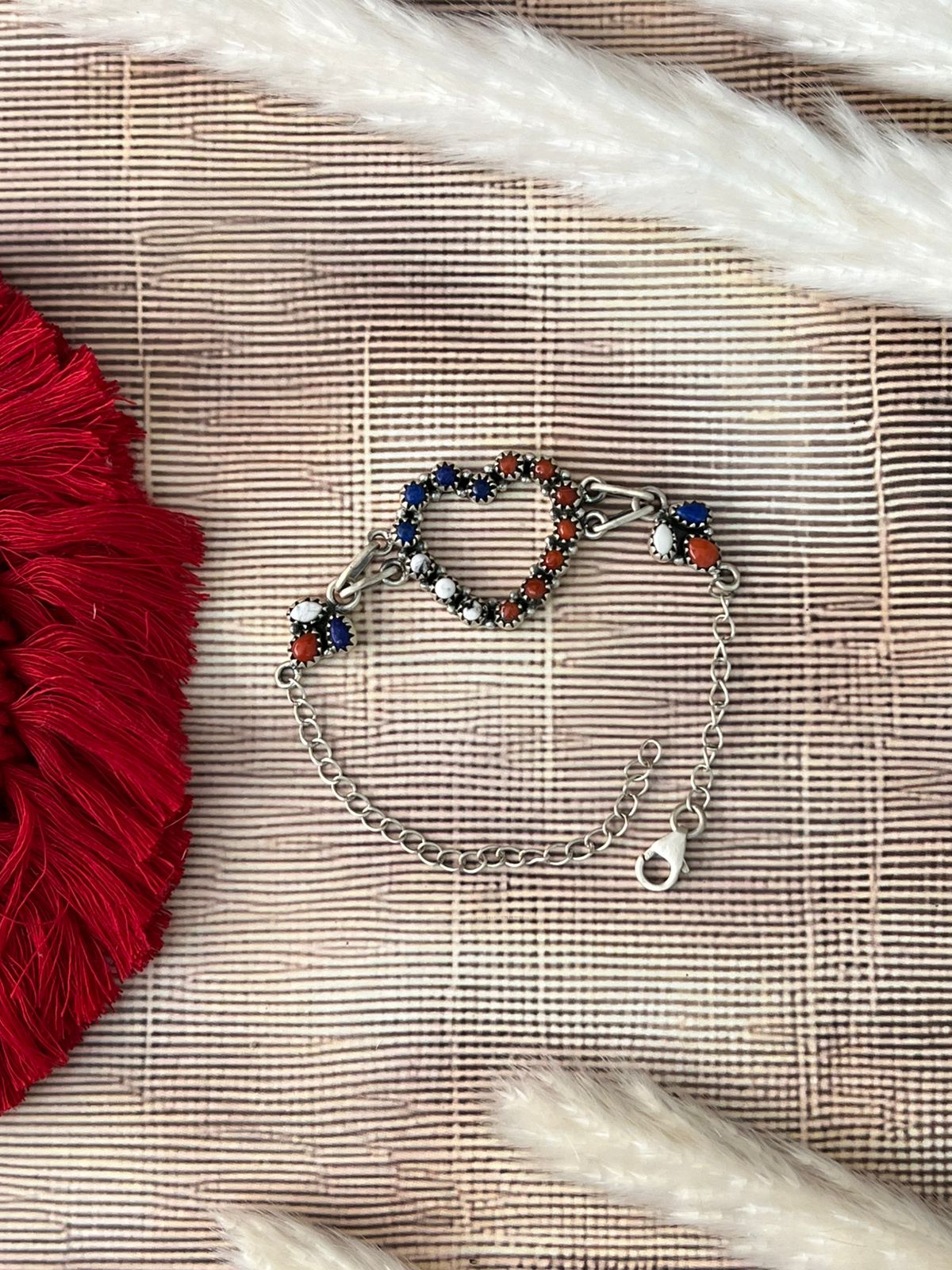 Handmade Sterling Silver 4th Of July Collection: Coral with Lapis and White Buffalo Heart Bracelet "Signed Nizhoni"