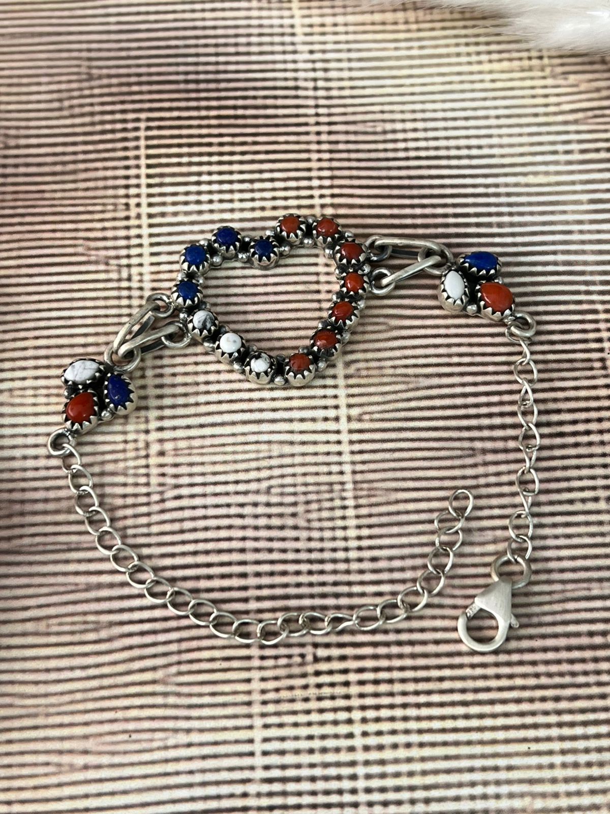 Handmade Sterling Silver 4th Of July Collection: Coral with Lapis and White Buffalo Heart Bracelet "Signed Nizhoni"