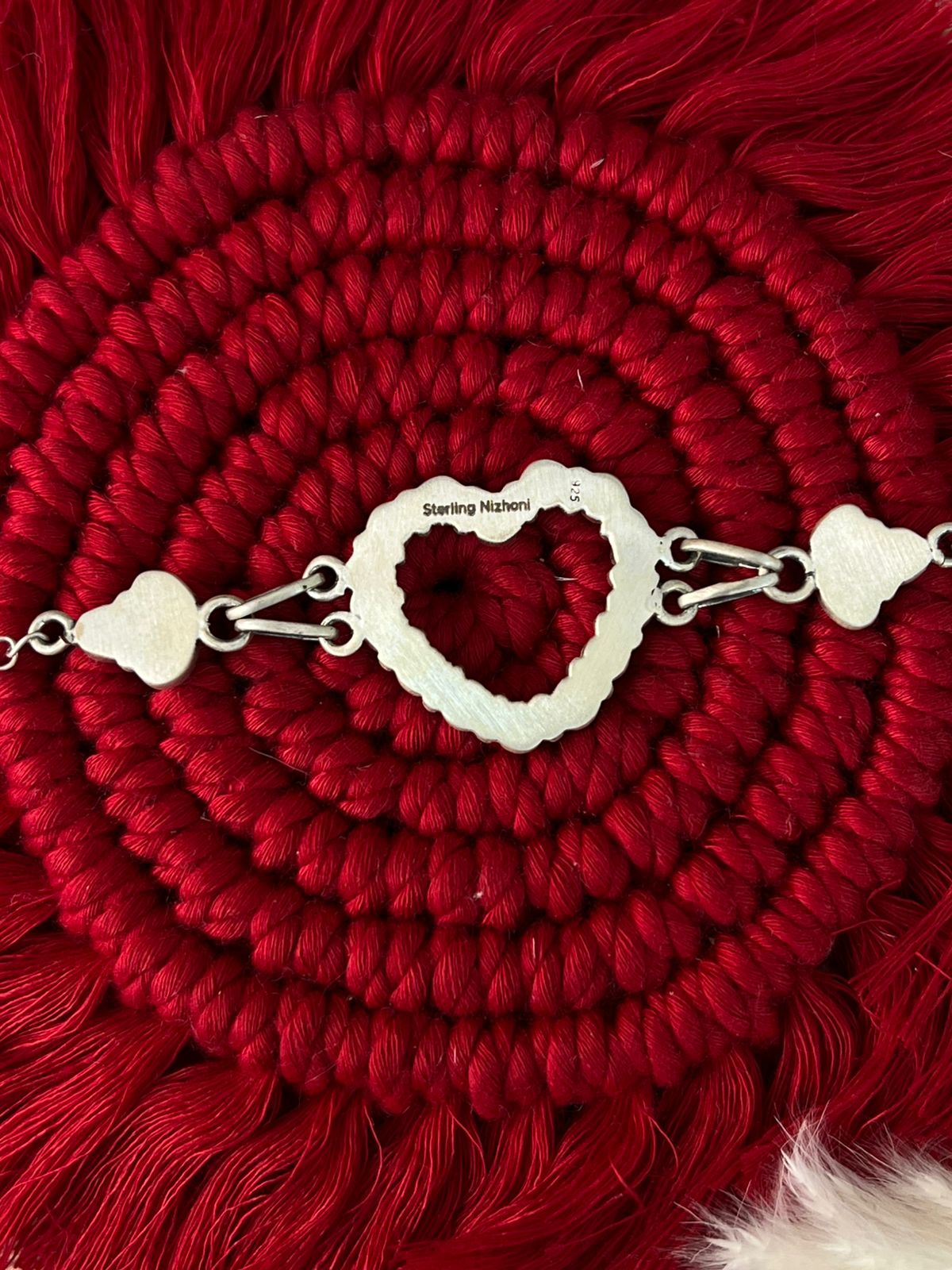Handmade Sterling Silver 4th Of July Collection: Coral with Lapis and White Buffalo Heart Bracelet "Signed Nizhoni"