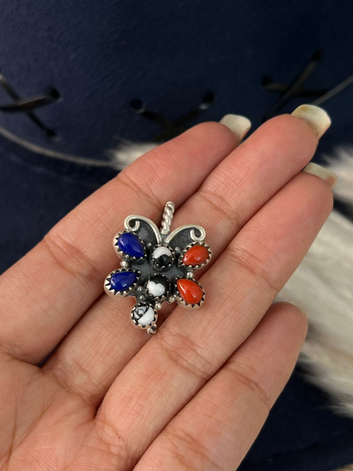 Handmade Sterling Silver 4th Of July Collection: Coral with Lapis and White Buffalo Butterfly  Hat Pin "Signed Nizhoni"