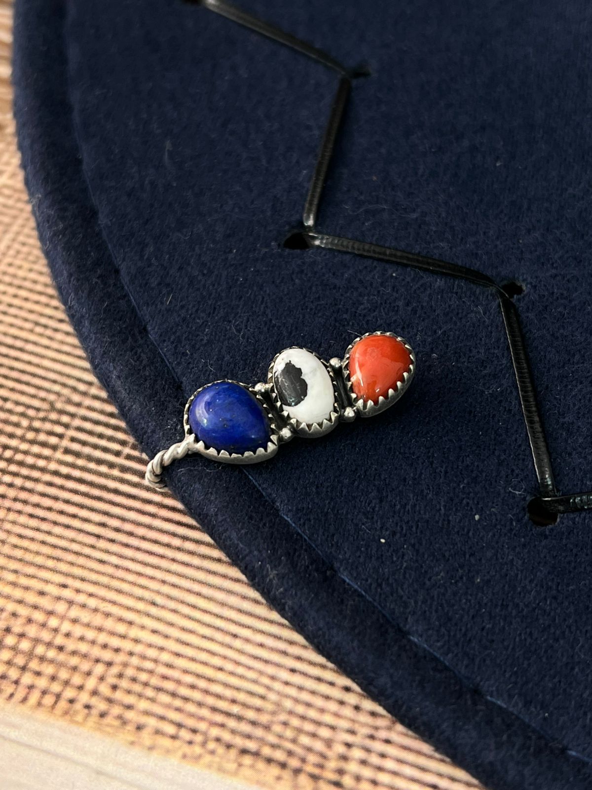 Handmade Sterling Silver 4th Of July Collection: Coral with Lapis and White Buffalo Hat Pin "Signed Nizhoni"