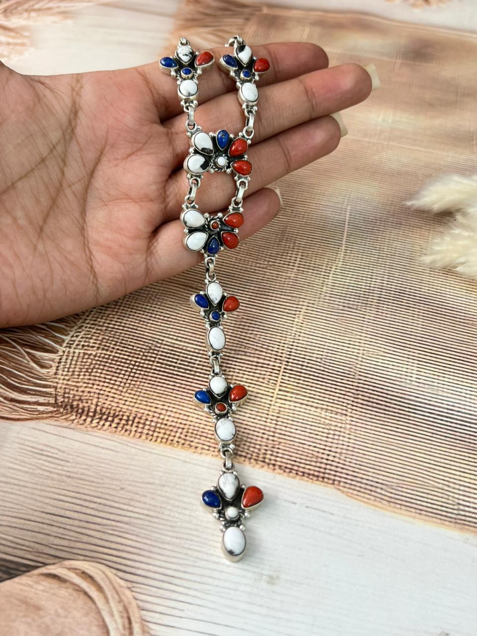 Handmade Sterling Silver 4th Of July Collection: Coral with Lapis and White Buffalo 'Y Shaped' Necklace "Signed Nizhoni"
