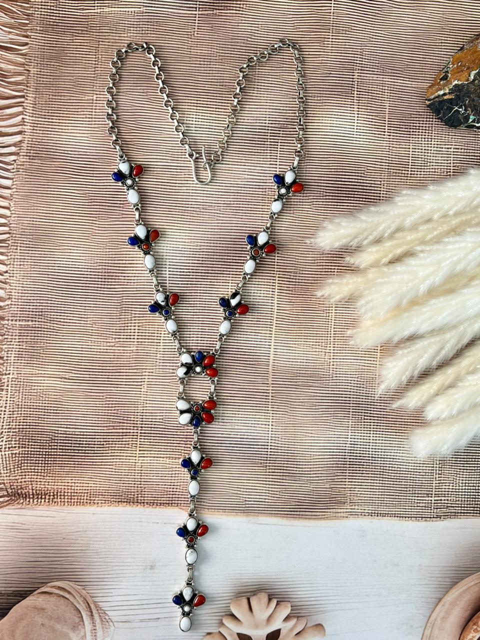 Handmade Sterling Silver 4th Of July Collection: Coral with Lapis and White Buffalo 'Y Shaped' Necklace "Signed Nizhoni"