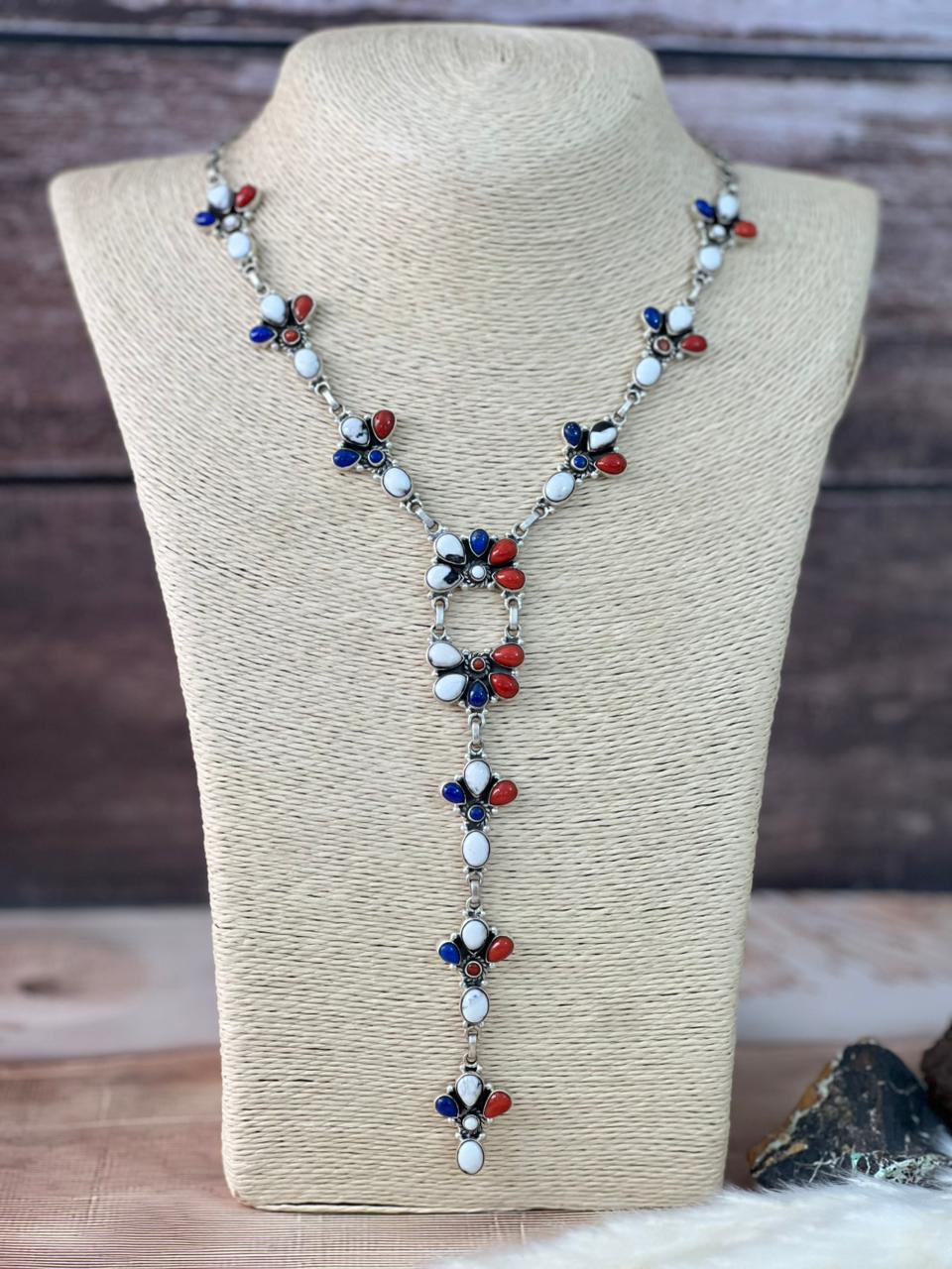 Handmade Sterling Silver 4th Of July Collection: Coral with Lapis and White Buffalo 'Y Shaped' Necklace "Signed Nizhoni"